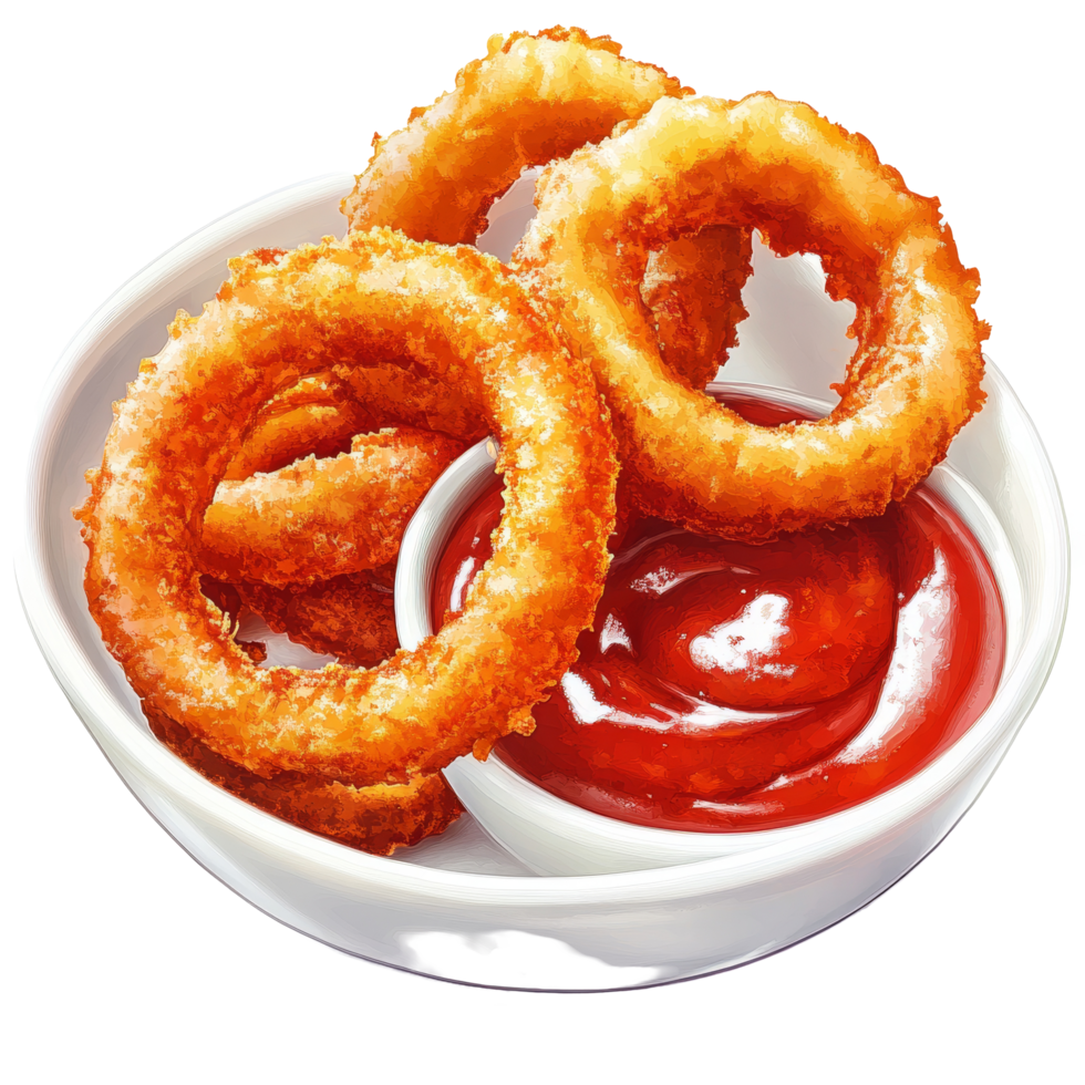 crocantes frito cebola argolas servido com picante mergulho molho dentro uma acolhedor jantar contexto, parte do frito cebola argolas com molho png