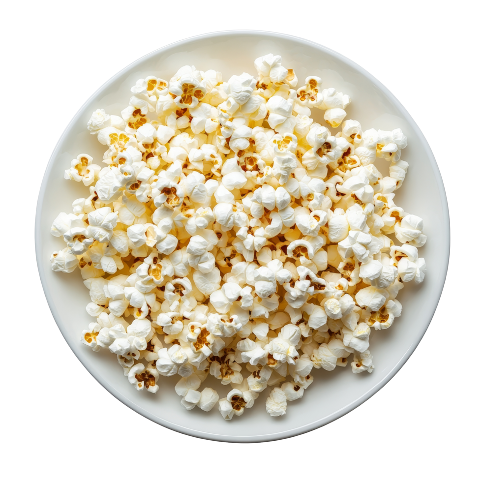 Freshly popped popcorn served on a transparent plate against a clean transparent background ready for snacking, Popcorn in a plate isolated on transparent background png