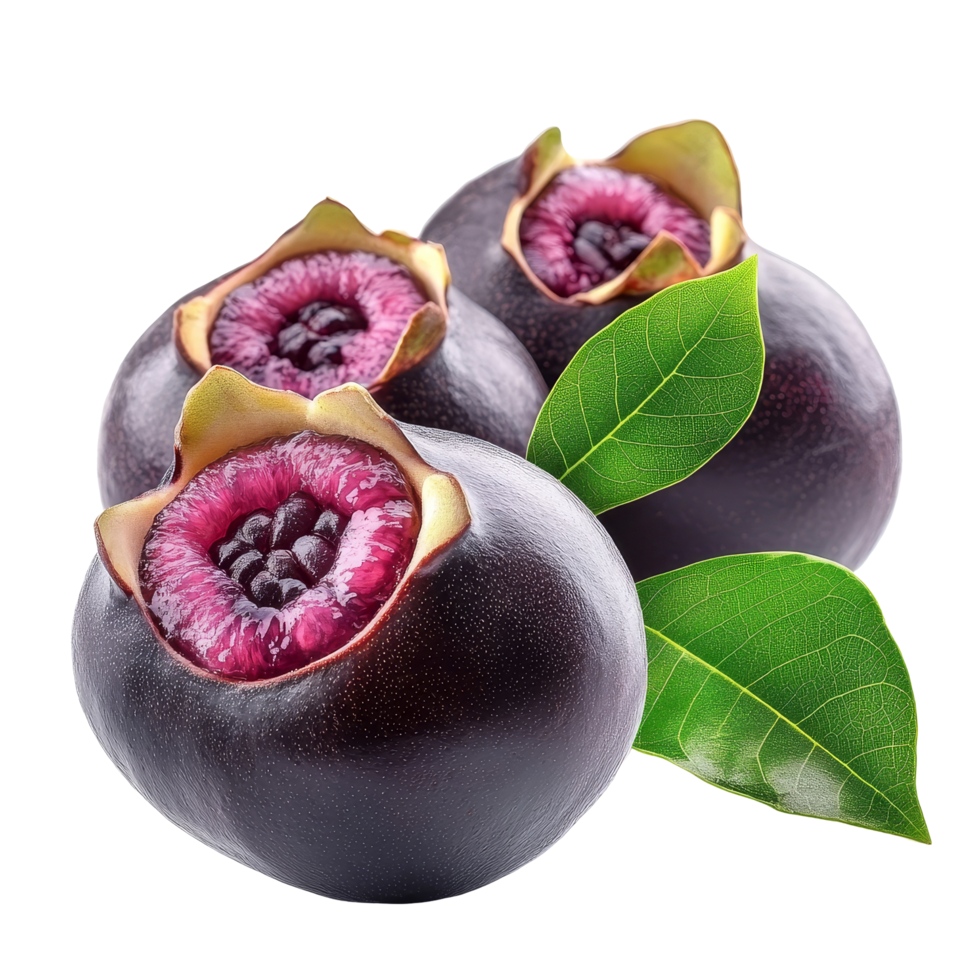 Fresh mangosteen fruit from Thailand with vibrant purple rind and green leaves isolated on transparent background, Mangosteen fruit of thailand with leaf isolated on transparent background png