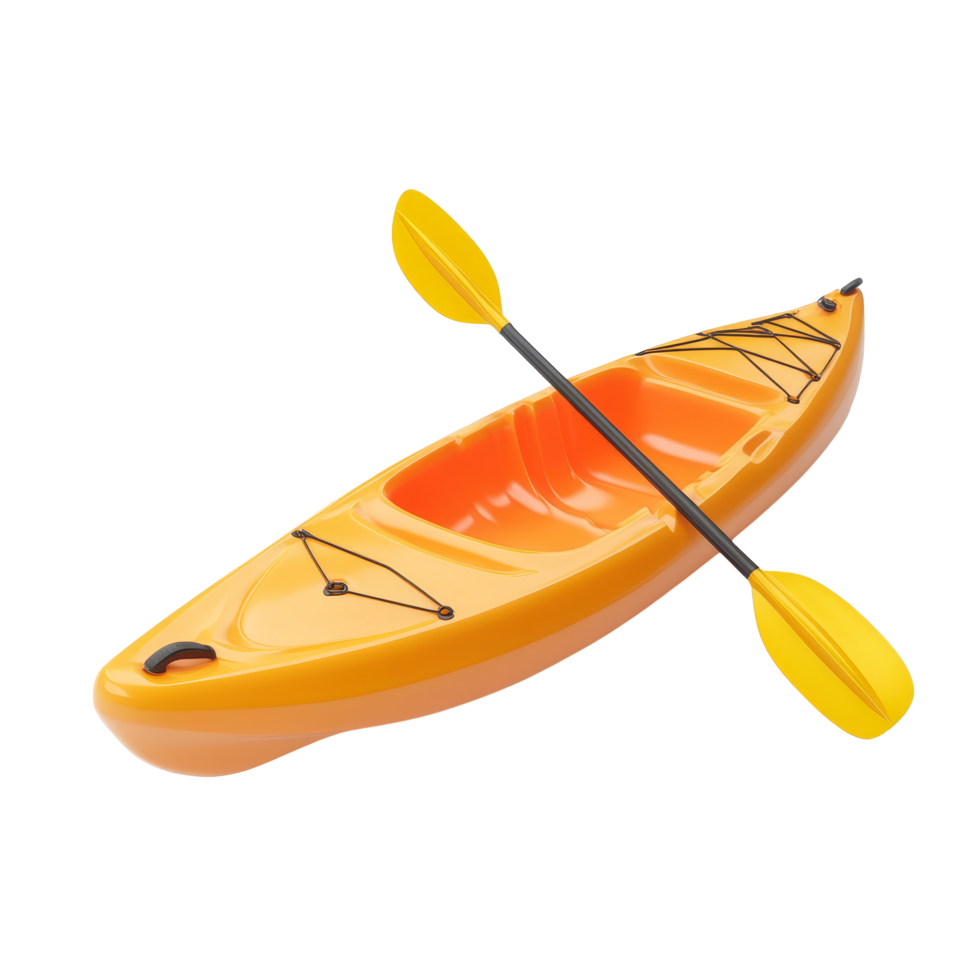 An orange plastic kayak with a yellow paddle rests on a flat surface, ready for an exciting water adventure, Orange plastic kayak with yellow paddle. 3D render, isolated on transparent background png