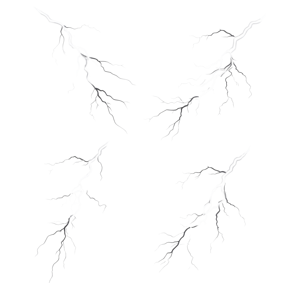Realistic lightning bolts isolated on a transparent background, showcasing natures power in dramatic detail, Striking Realistic Lightning Bolts isolated on transparent background png