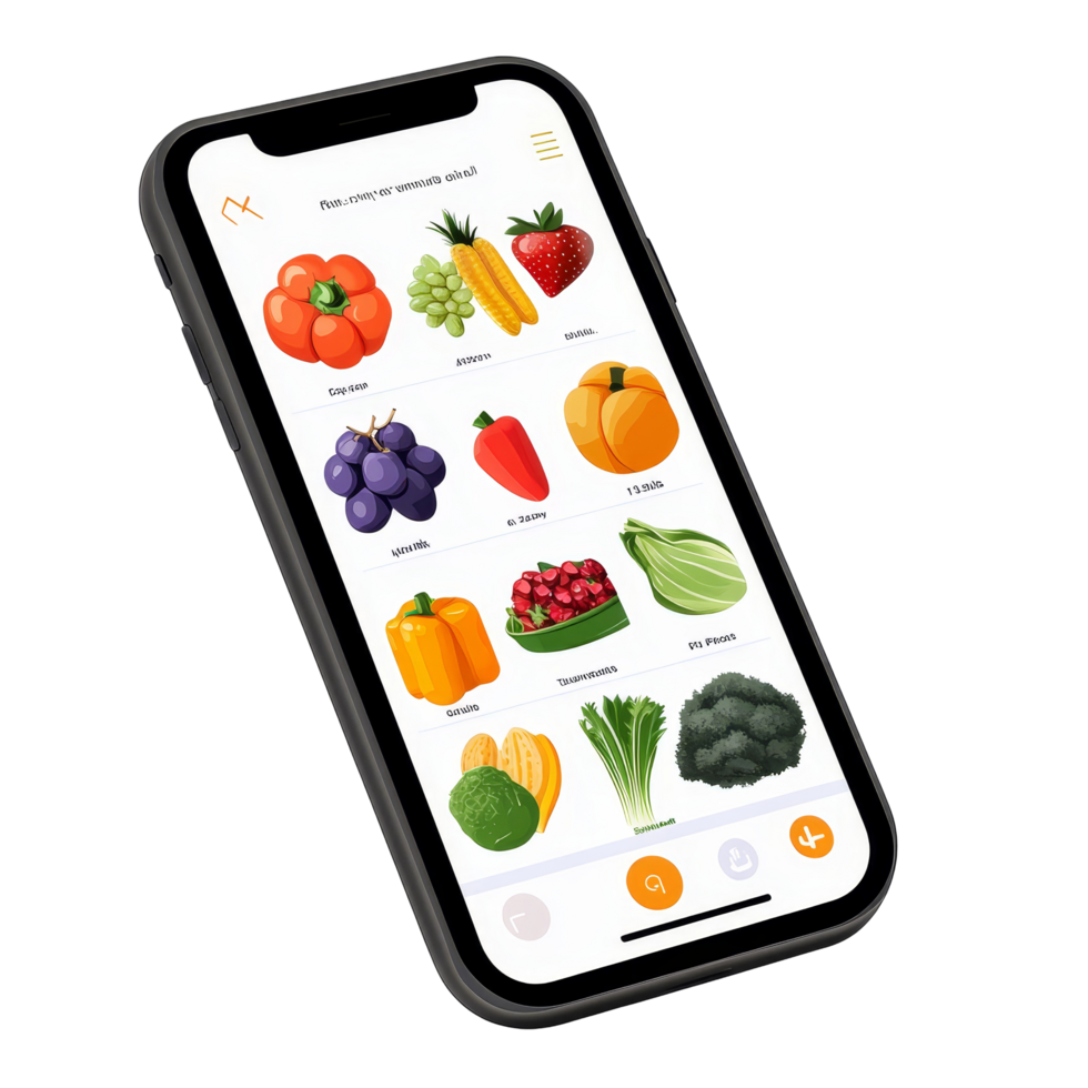 Grocery shopping app interface displaying various vegetables and fruits on a smartphone screen, file no background Online grocery shopping app on smartphone png