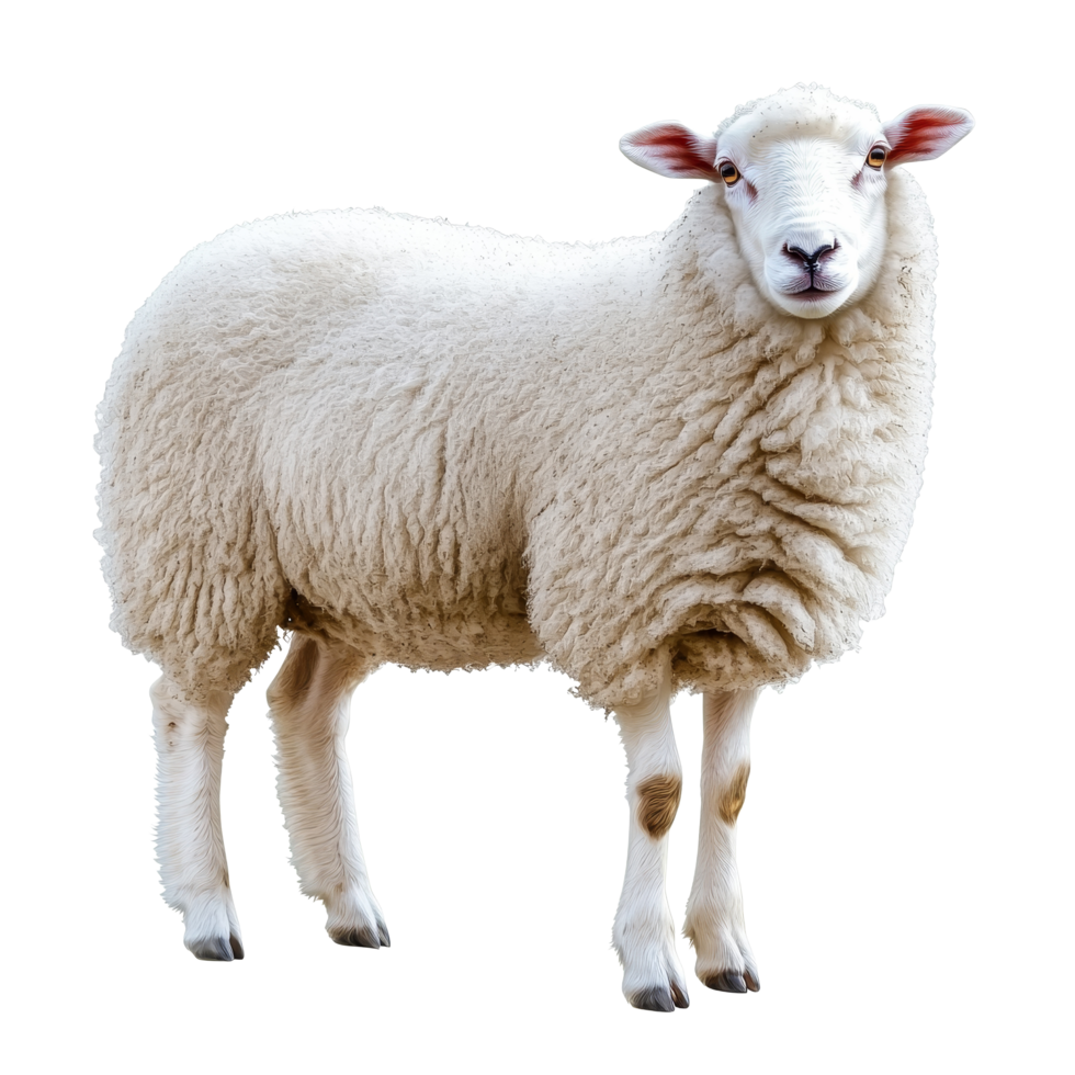 Fluffy transparent sheep standing solo against a clean transparent backdrop, showcasing its soft wool and calm demeanor, Sheep on isolated transparent background png