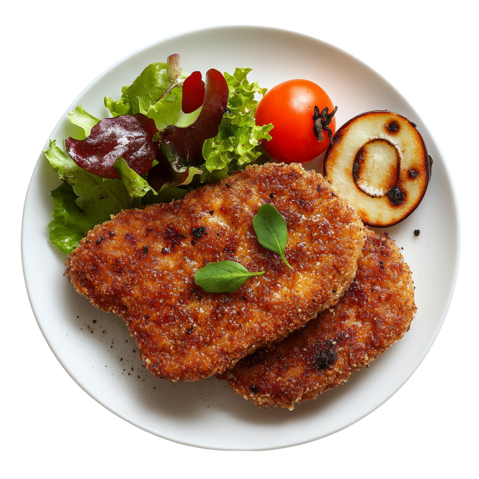 Delicious beef cutlet served on a plate with fresh salad and roasted vegetable, isolated on transparent, beef cutlet dish isolated on transparent background png