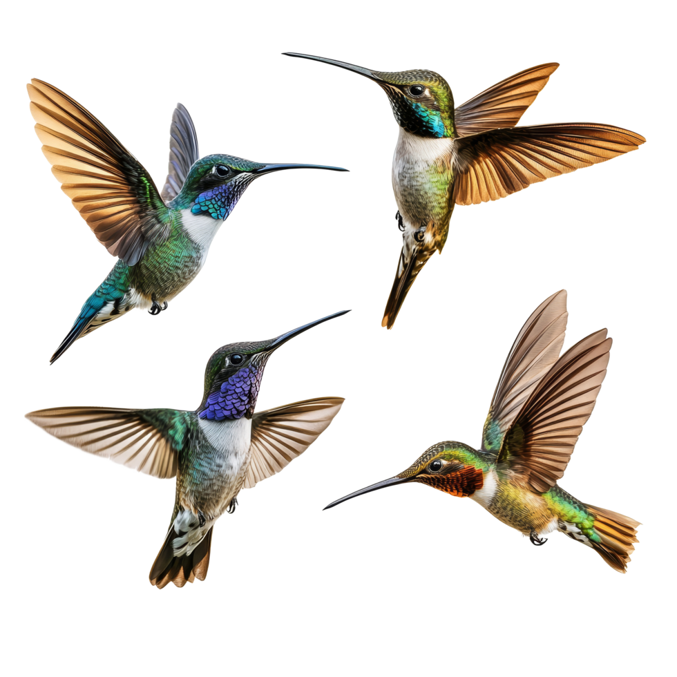 Colorful hummingbirds in flight showcasing their agility against a transparent background, diffrent hummingbird birds in flight isolated on transparent background png