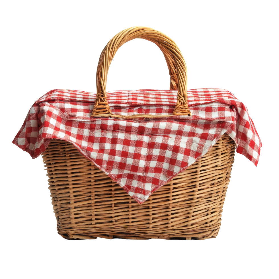 A traditional picnic basket with a red checkered cloth on a transparent background, perfect for outdoor dining adventures, picnic basket on transparent background png