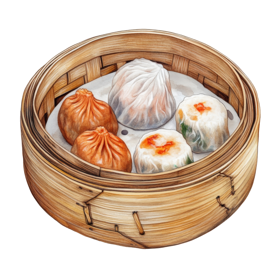 Explore the delightful variety of dim sum served in a bamboo basket against a clean transparent backdrop, dim sum basket on transparent backgroundfile png