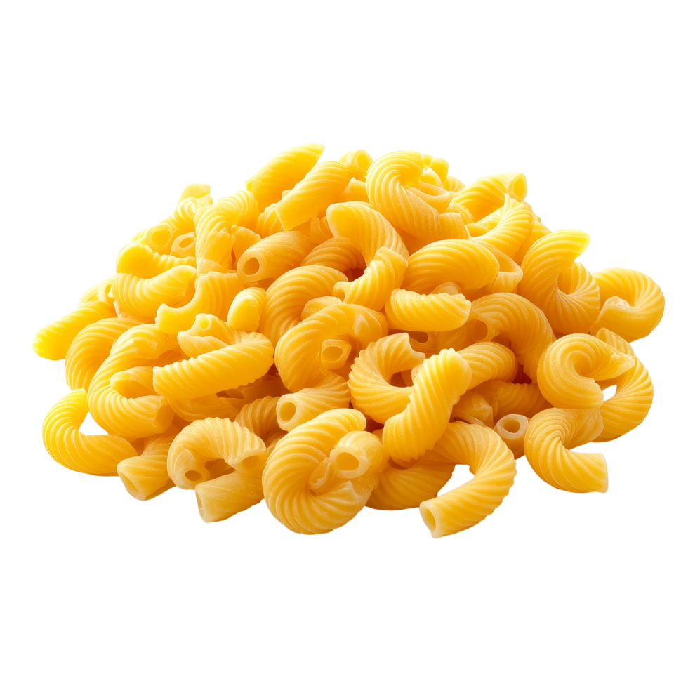 A generous pile of uncooked Gomiti pasta on a clean transparent background, perfect for culinary creations, Pile of raw Macaroni Gomiti Pasta isolated on transparent background png