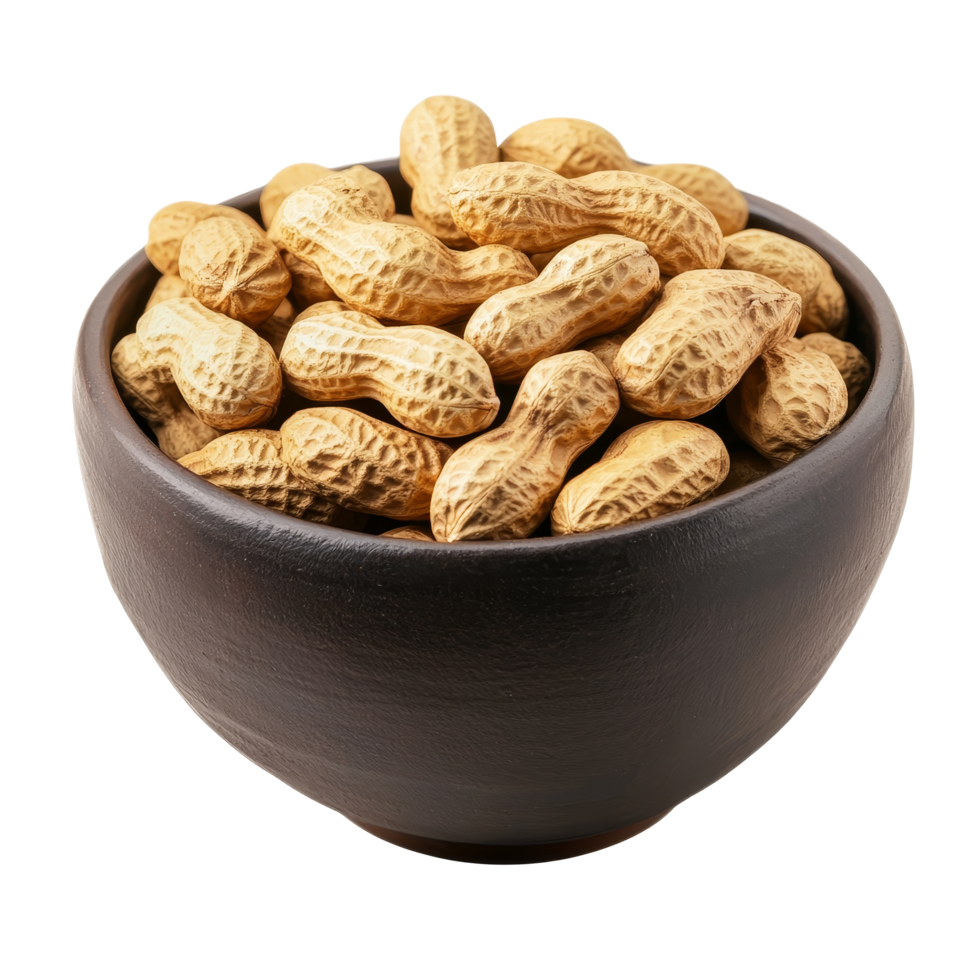 A cozy bowl filled with delicious peanuts in their natural shells, perfect for snacking at any time, Isolated bowl of peanuts in shell png