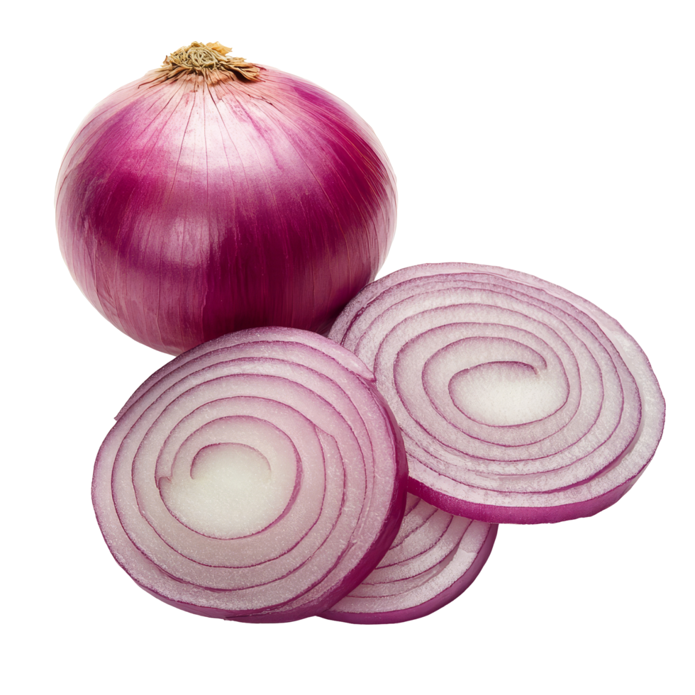 Freshly sliced red onions on a clean transparent background showcasing their vibrant color and circular pattern, slice onions isolated on transparent background png