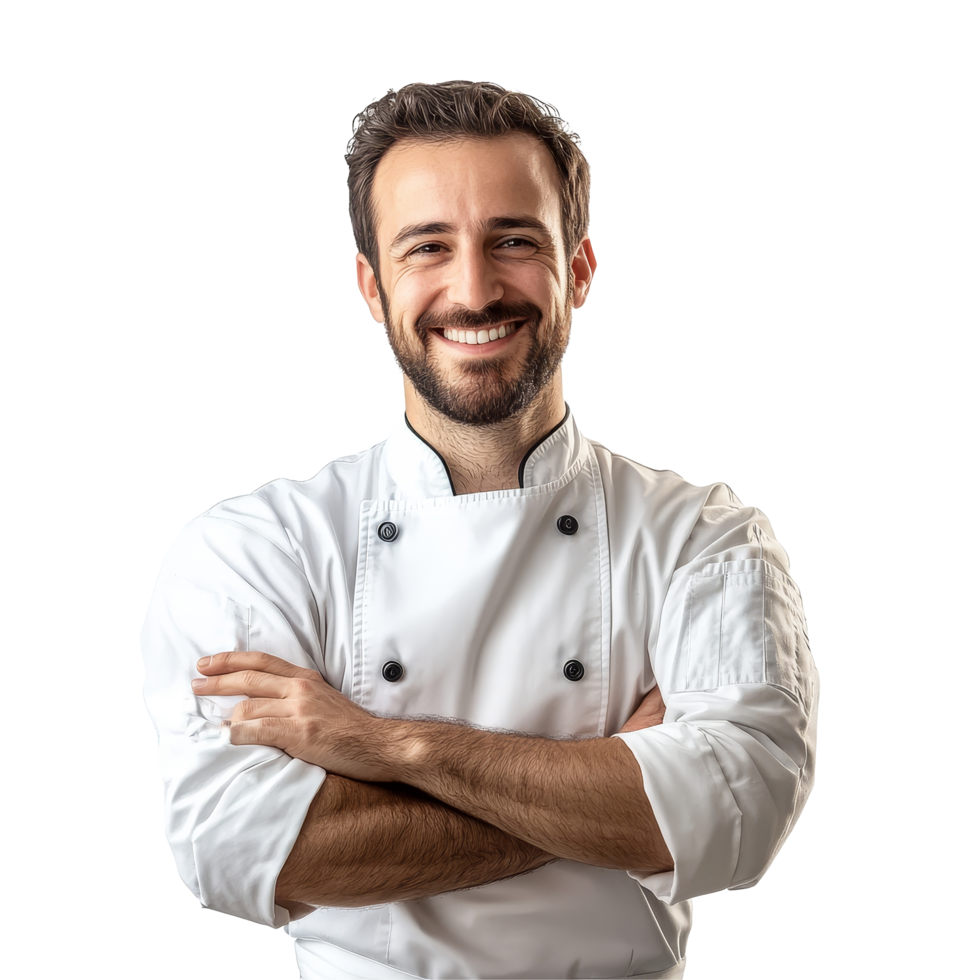 Friendly chef in a transparent uniform smiling with arms crossed in a bright kitchen setting during daylight, chef portrait, friendly smiling arms crossed, transparent background png