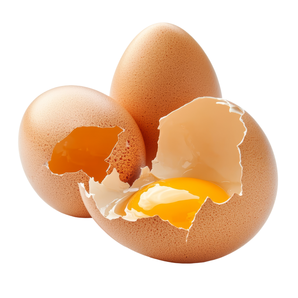 Fresh chicken eggs with one cracked shell revealing yolk on a transparent background, chicken eggs in broken eggshells on transparent backgroundfile png