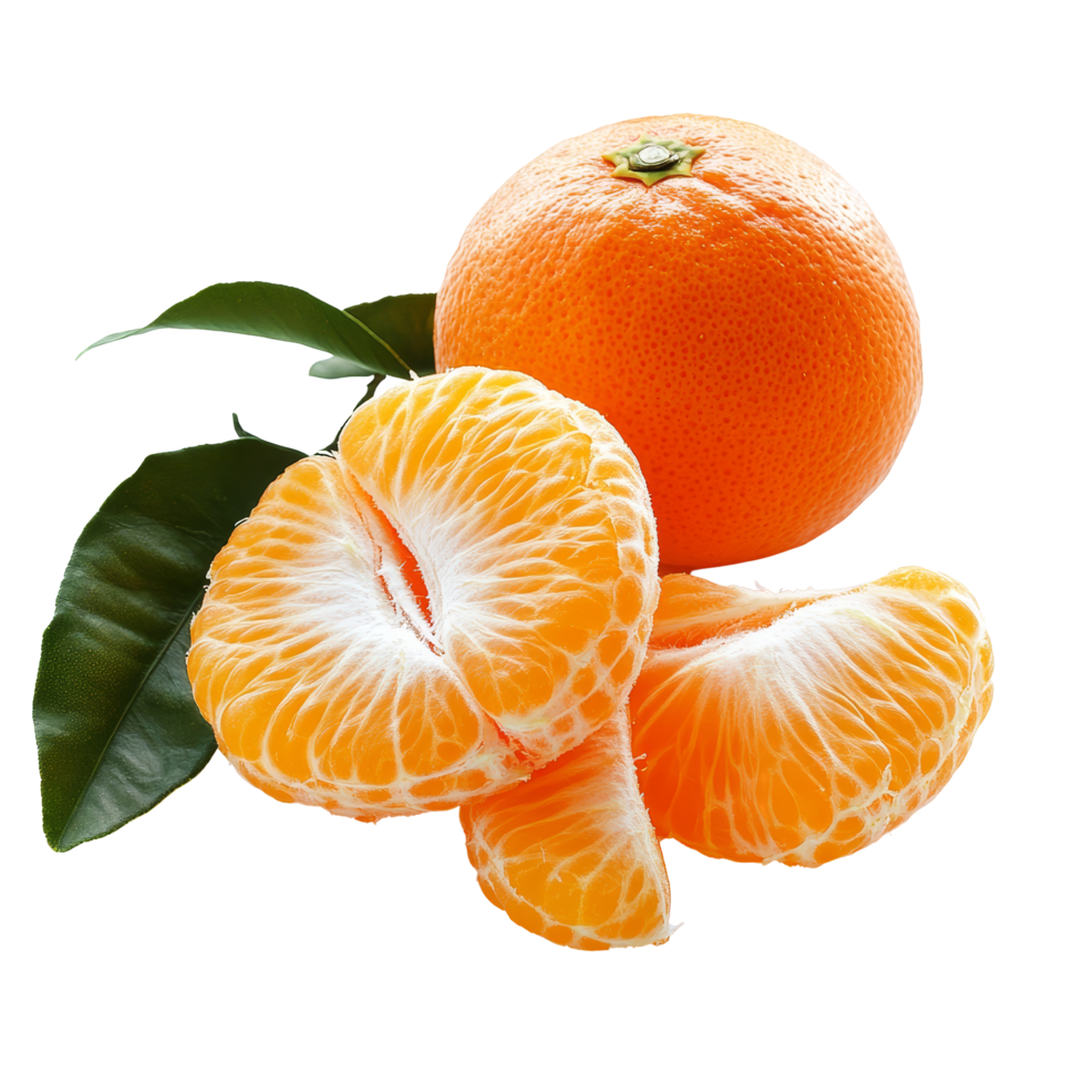 Fresh tangerine with segments on a bright transparent background showcasing its vibrant color and natural beauty, tangerine on transparent background png