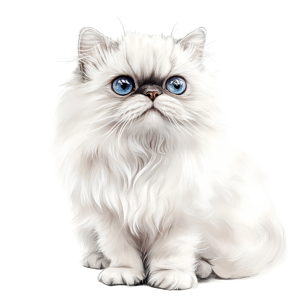 Elegant Persian cat with striking blue eyes sitting gracefully against a transparent background, Graceful Persian Cat on transparent background Elegant Feline png
