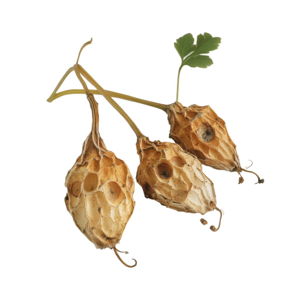 Tinospora crispa plant with dried fruits and green leaf on a clean transparent background, Tinospora crispa on transparent background png