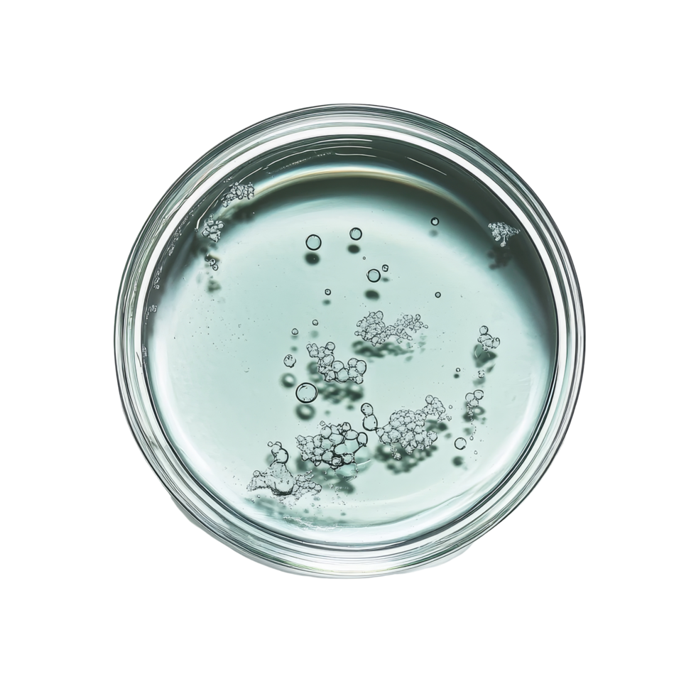 Clear liquid with bubbles in a petri dish on a transparent background, showcasing scientific experimentation and observation, Liquid in petri dish over transparent background flat lay png