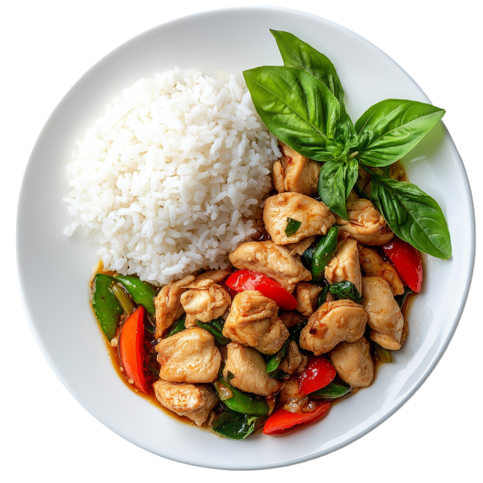 Delicious Thai chicken and basil stirfry with rice served on a transparent plate, perfect for a tasty meal, thai food chicken and basil served with rice on transparent background png
