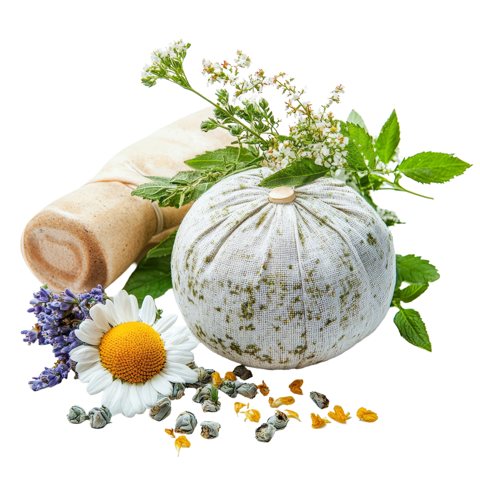 Herbal spa compressing ball with flowers and leaves on a clean transparent background, Spa herbal Compressing ball on transparent background png