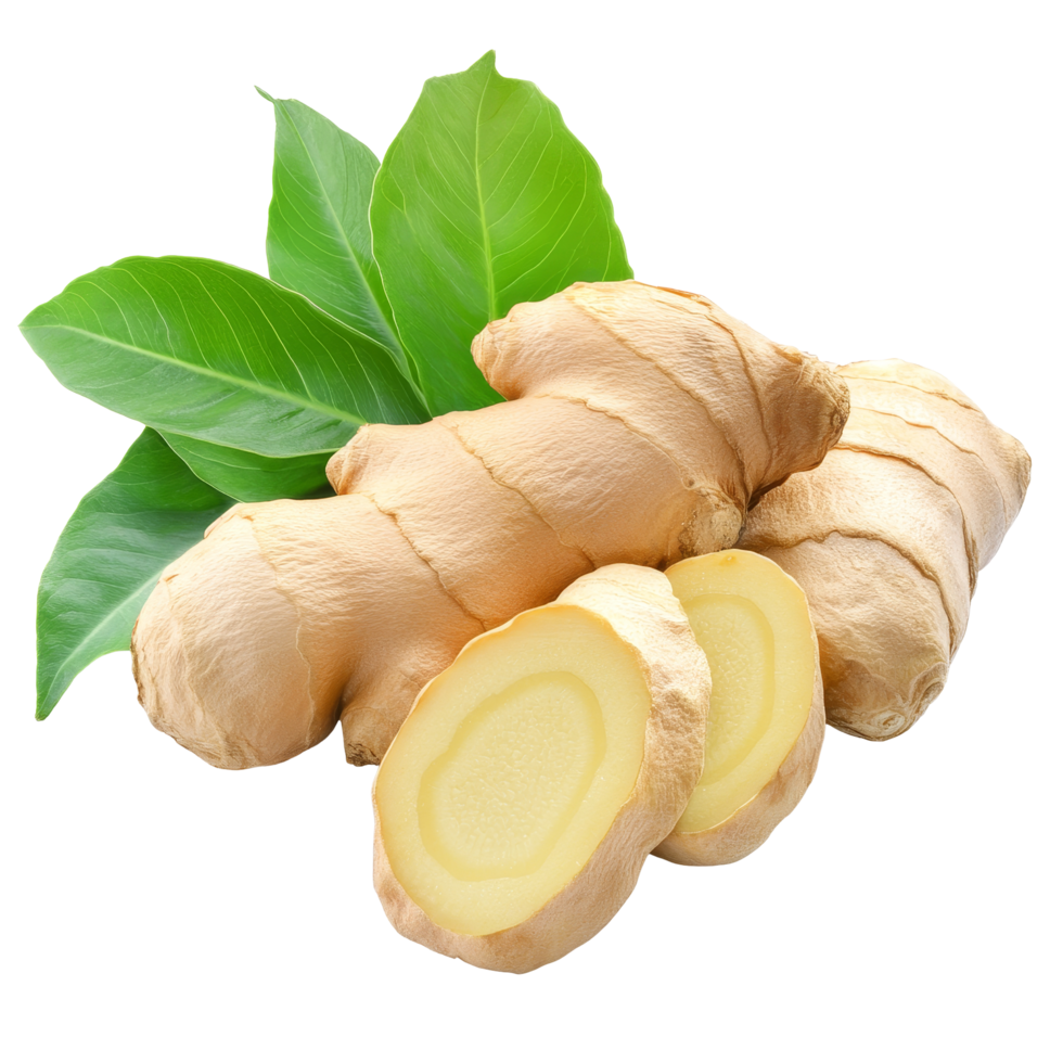 Fresh ginger root and green leaves isolated on a transparent background for culinary and health uses, Ginger fresh with leaves Isolated on transparent backgroundd png