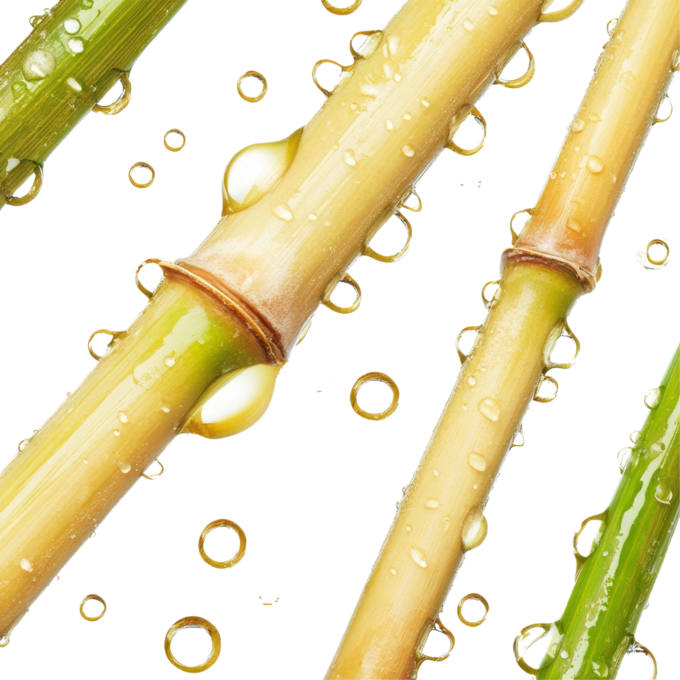 Water droplets resting on vibrant sugarcane stalks against a clean transparent background, water drops sugarcane on transparent background png
