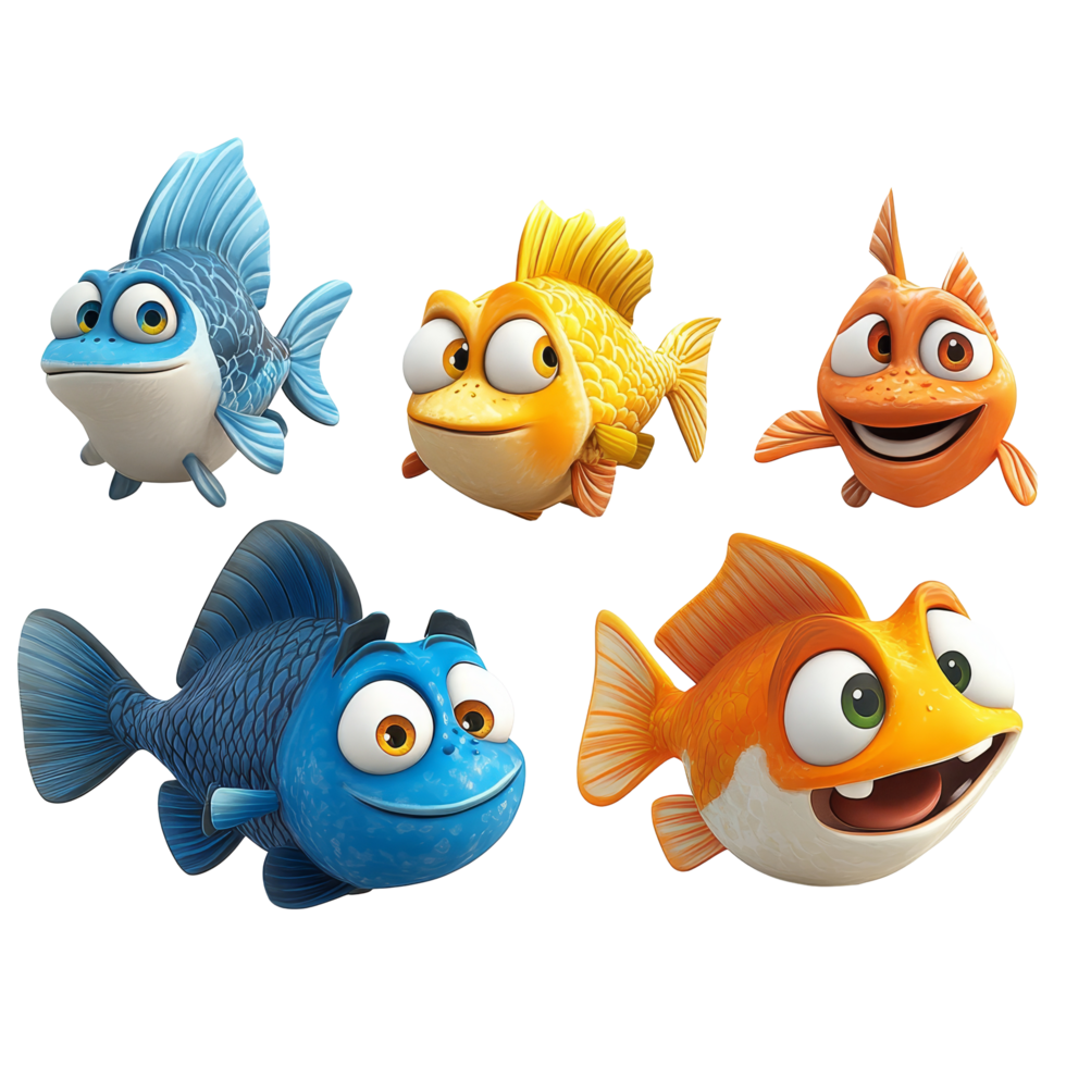 Funny cartoon fish characters showcasing unique personalities in vibrant colors against a transparent background, Funny 3D Cartoon Fish Characters on transparent background png