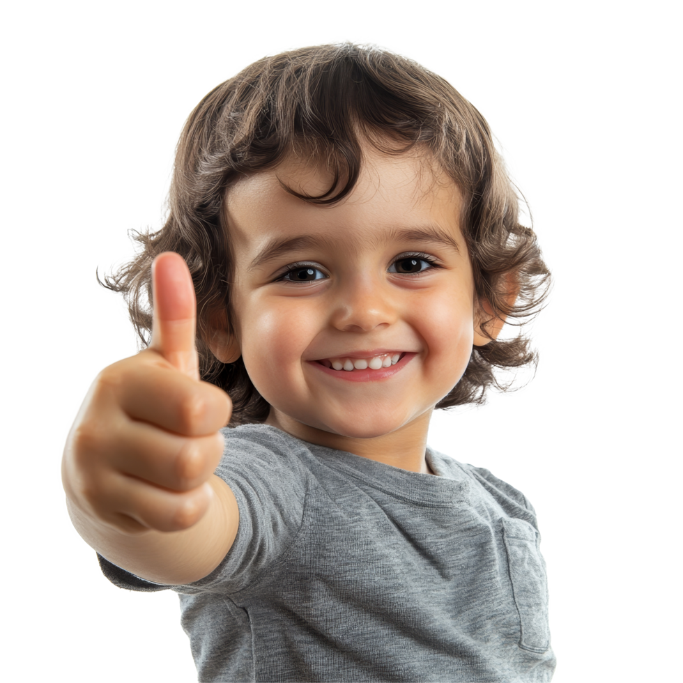 Cheerful child with curly hair smiling and giving a thumbs up indoors against a plain transparent background, Happy child giving a thumbs up to the camera, transparent background png
