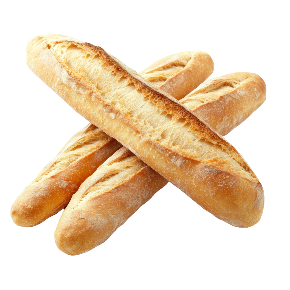 Freshly baked French baguette on a clean transparent surface, highlighting its golden crust and delicate texture, French baguette isolated png