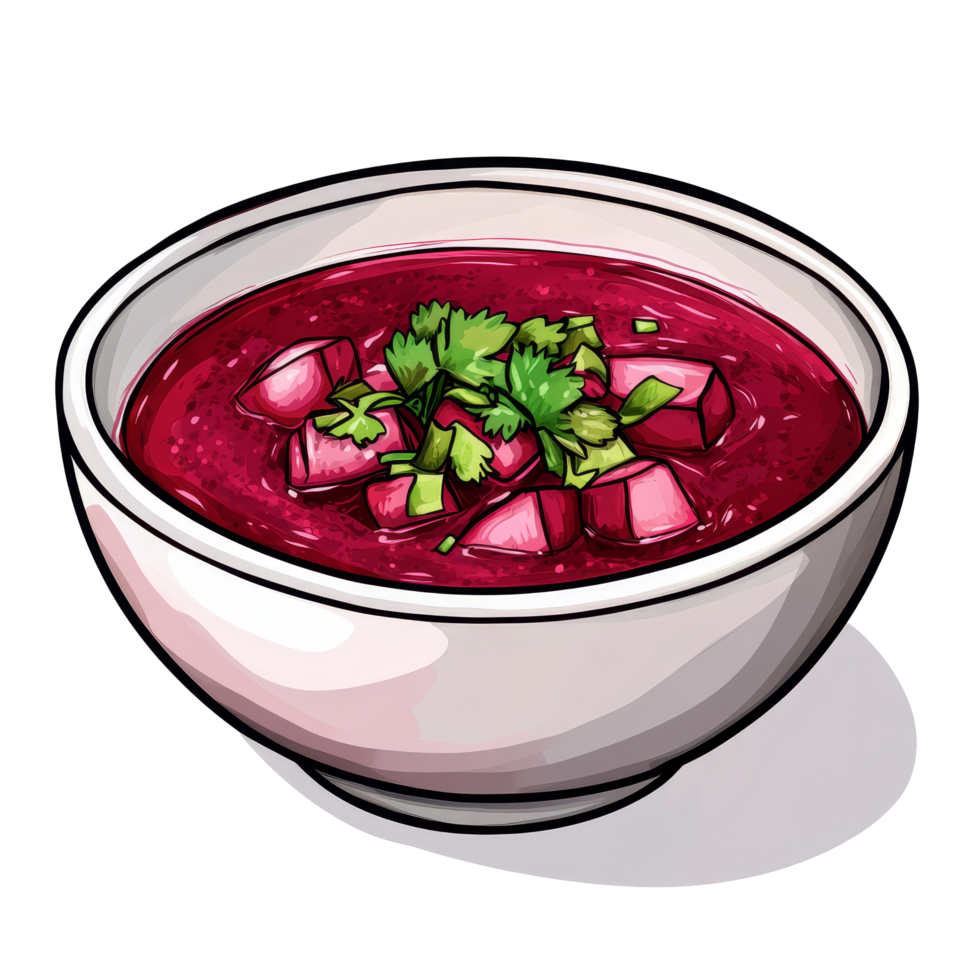 Delicious isolated bowl of beet borscht soup garnished with fresh herbs on a clean background, Isolated bowl of beet borscht soup png