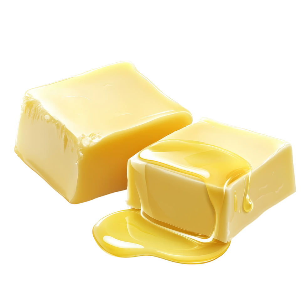 Melting butter blocks on a clean surface, creating a rich and creamy texture perfect for cooking or baking, Two pieces of butter melting isolated png