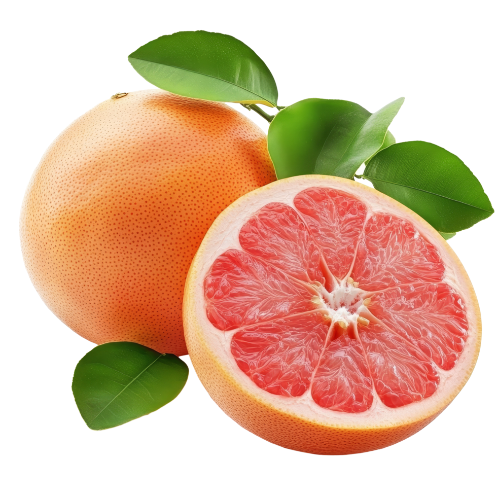 Fresh grapefruit halves surrounded by green leaves on a transparent background captured in natural light, Grapefruit isolated on transparent background background png