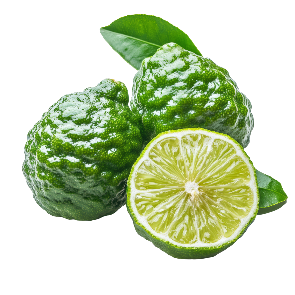Fresh bergamot fruit with vibrant green skin and slices against a transparent background, Bergamot or Thai lime lime fruit on transparent background png
