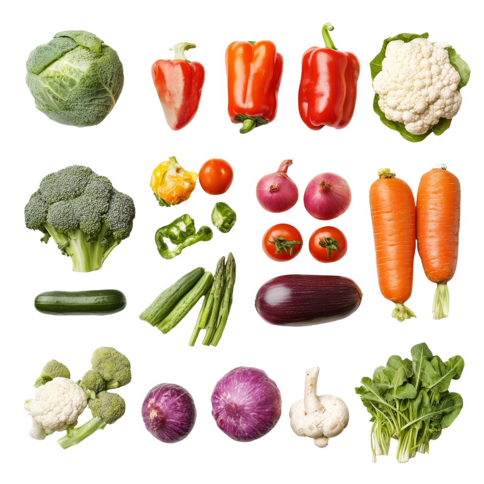 A vibrant assortment of mixed vegetables arranged on a clean transparent surface for fresh cooking inspiration, Mixed vegetables isolated on transparent background png