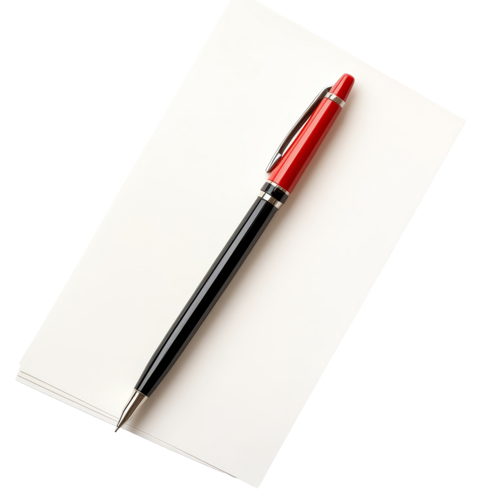 Stylish black and red pen resting on a stack of blank transparent notepad sheets, file of isolated object on transparent background png