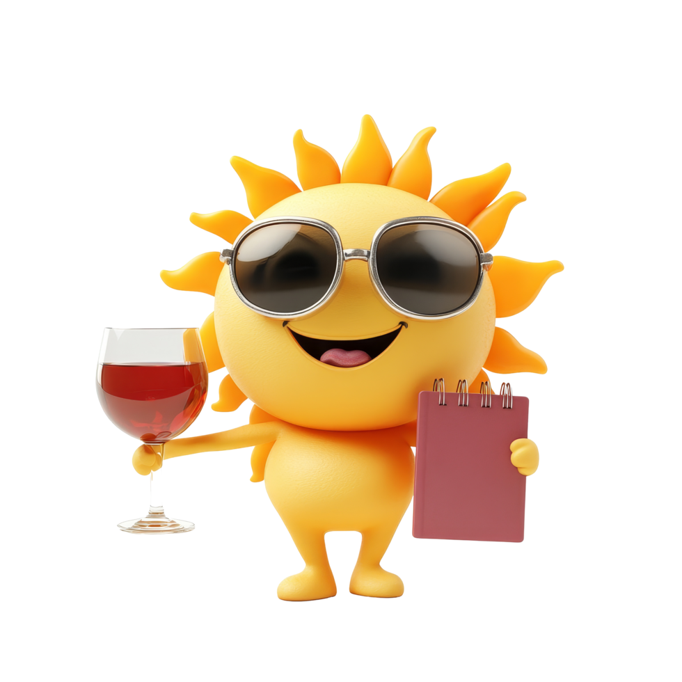 Cheerful sun character holding a wine glass and notepad at a festive gathering, Holiday Concept Cheerful Sun Character with Wine and Diary on transparent background png