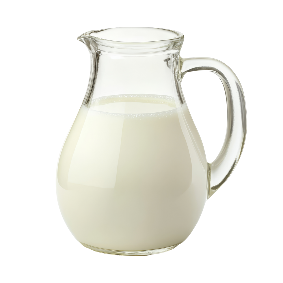 Fresh milk jug on a clean transparent background showcasing the natural creaminess and freshness of dairy, Glass jug of fresh milk on transparent background png