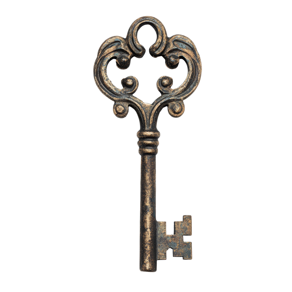 A vintage ornate key resting on a clean transparent background, showcasing intricate design and historical charm, Vintage old key on a transparent background png