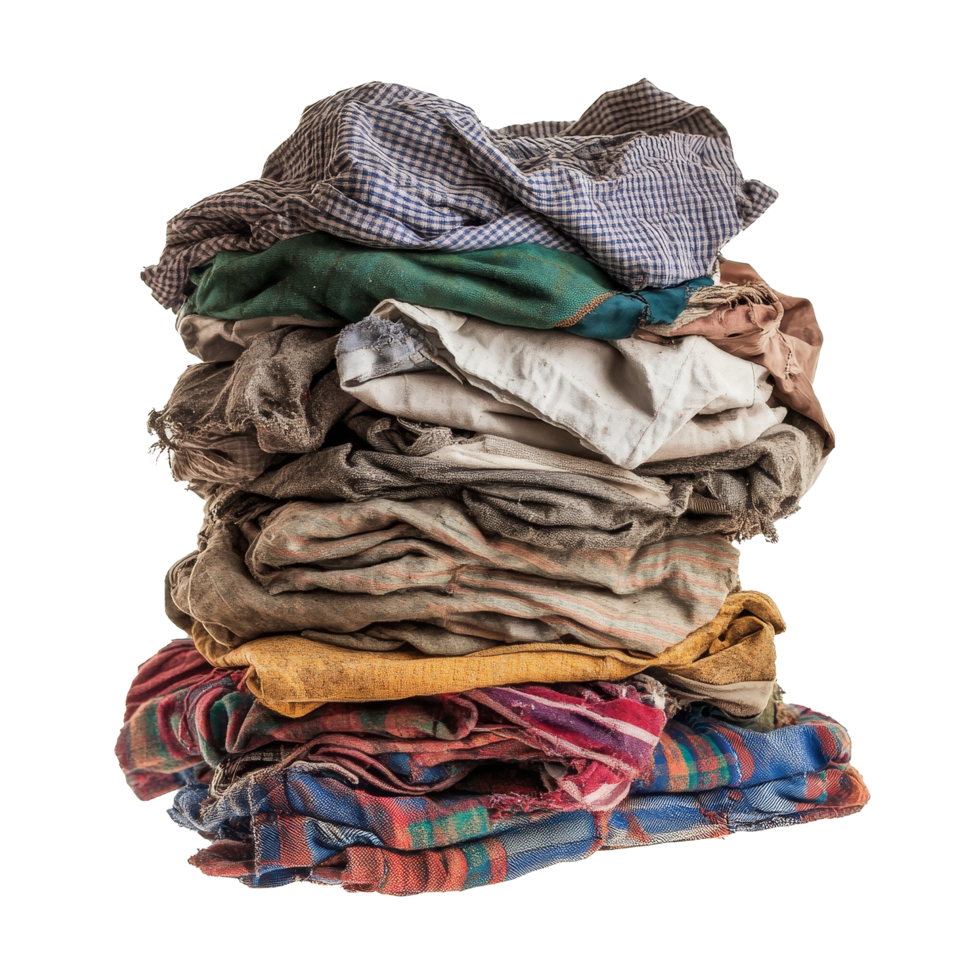 A large pile of dirty clothes piled high, displaying various fabrics on a clean transparent background, Pile of dirty clothes isolated on transparent background png