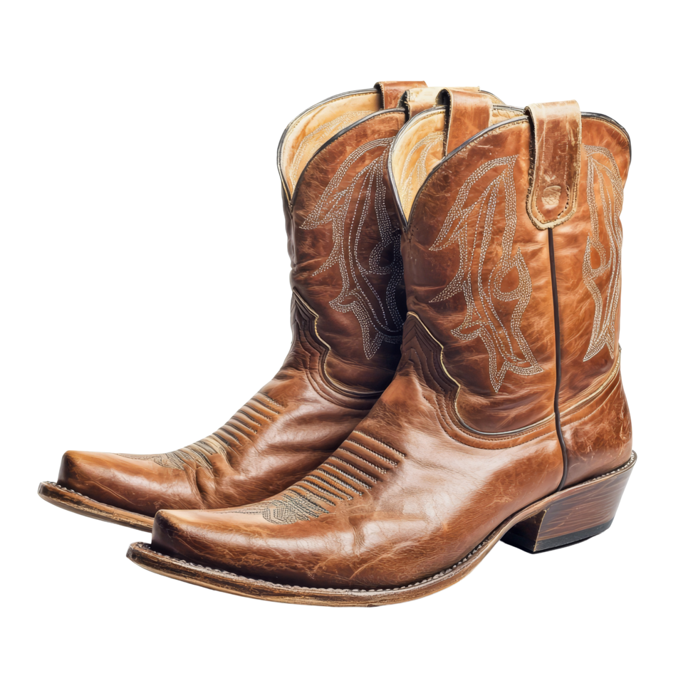 Brown leather cowboy boots featuring intricate stitching on a transparent background for stylish western fashion, Brown leather cowboy boots isolated on transparent background png