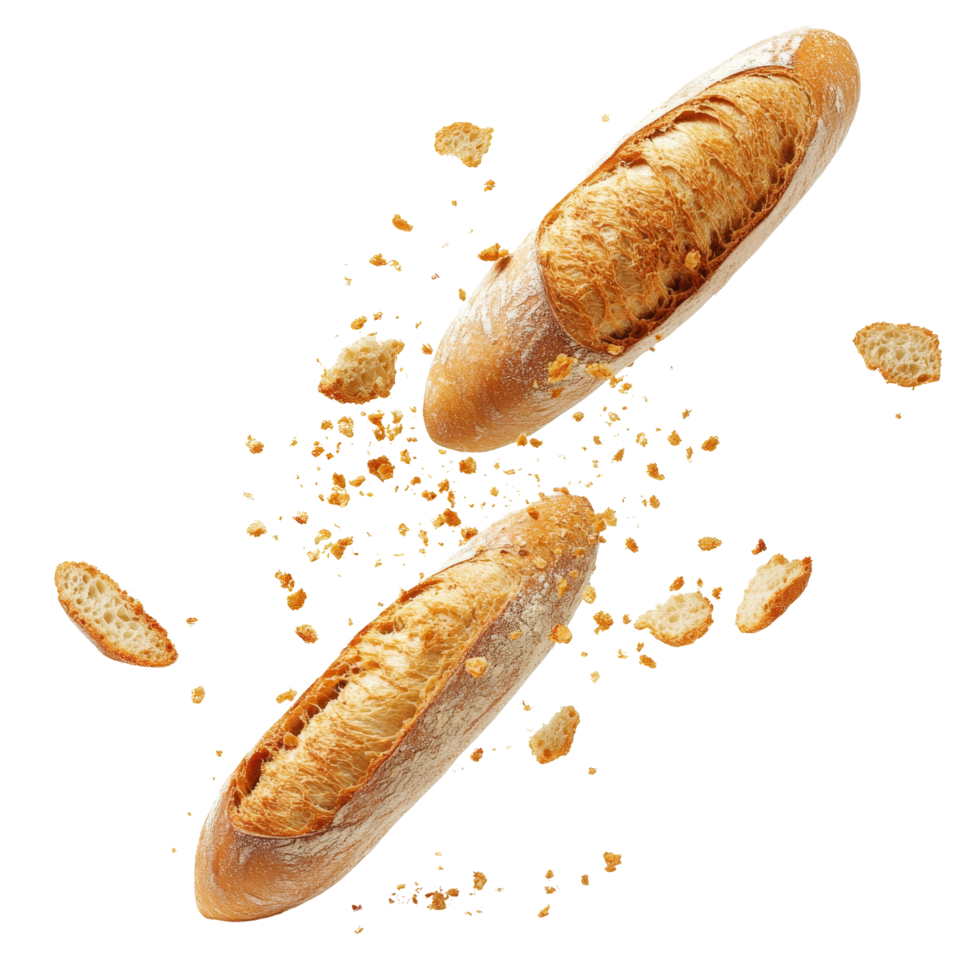 Fresh baguette with crispy crumbs falling apart in an isolated view against a transparent background, Fresh Baguette with Crispy Falling Crumbs isolated on transparent background Image png