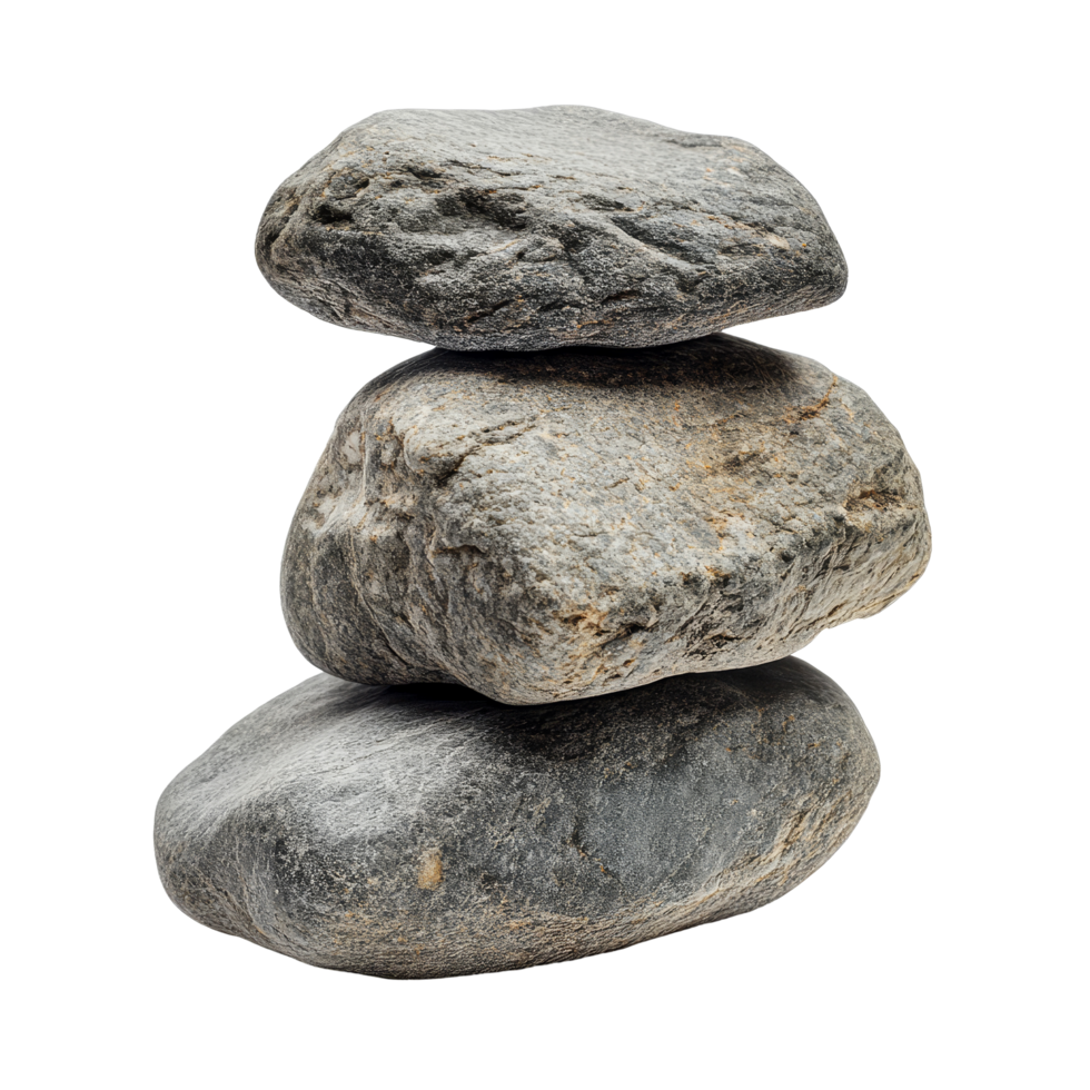 Three smooth rocks stacked artistically against a pure transparent background, of rocks isolated on transparent png