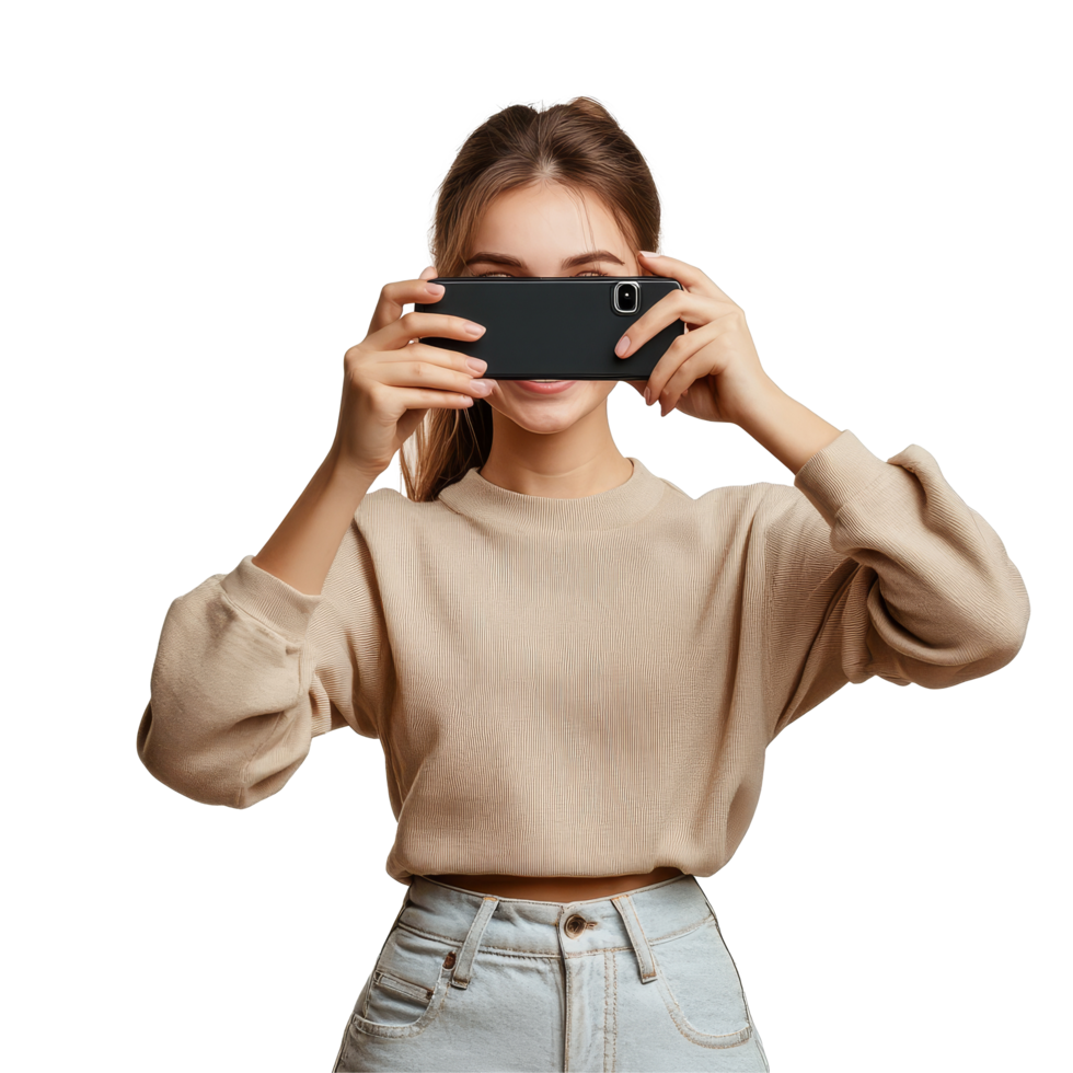 Young woman capturing moments with her smartphone in a cozy setting, Young woman taking pictures with her smartphone file no background png