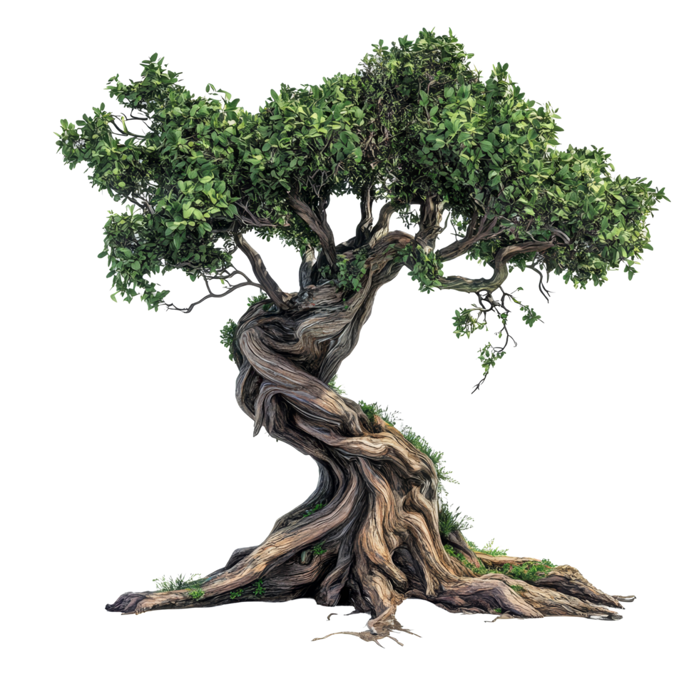 A beautifully twisted tree with lush green leaves against a bright transparent background showcasing natures artistry, pea isolated on transparent background png