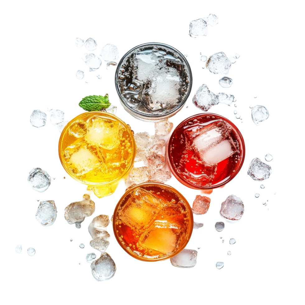 Refreshing summer drinks with ice cubes on a bright transparent background for a cool, vibrant outdoor gathering, Summer drinks with ice on transparent background png