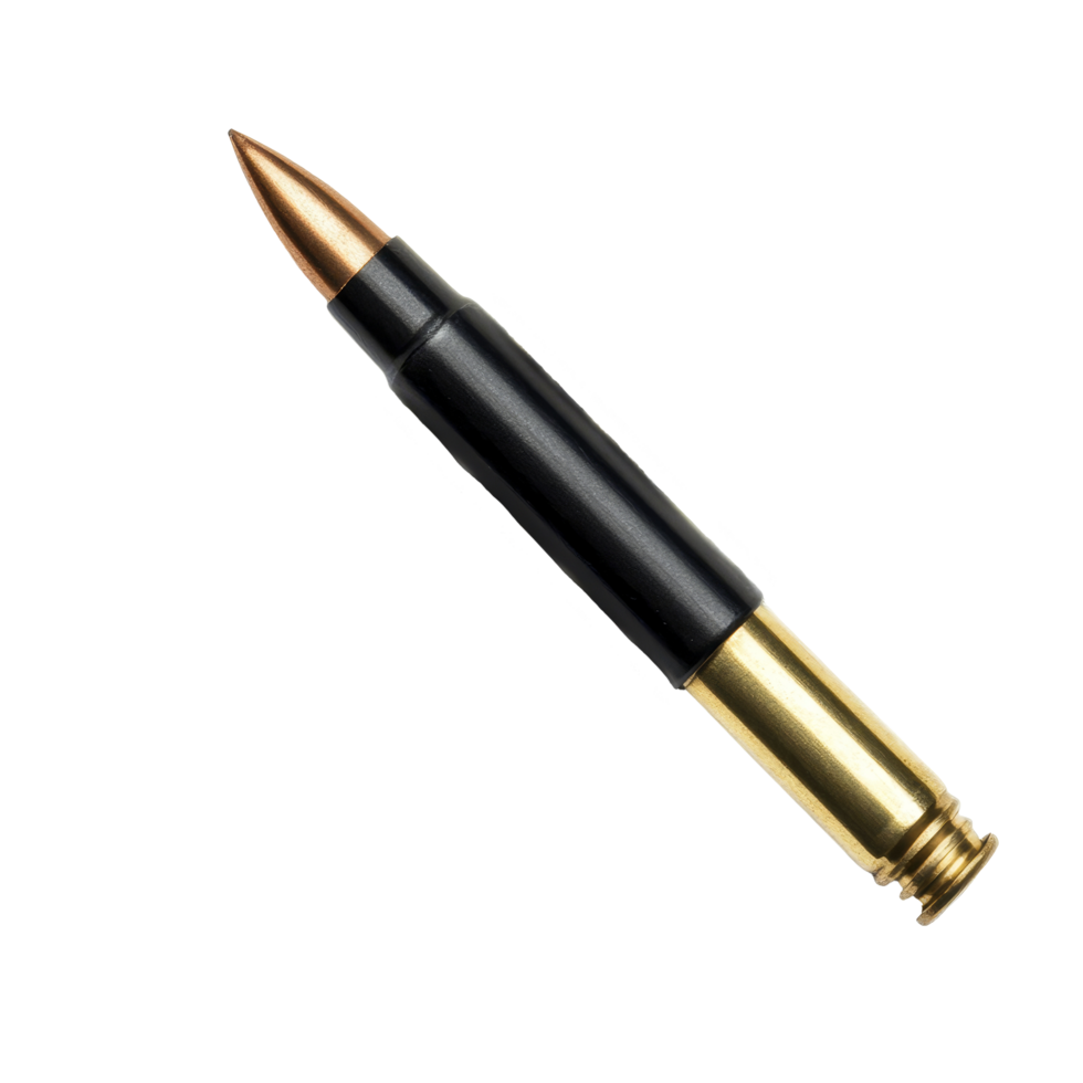 A detailed view of a dark bullet trace and bullet isolated on a transparent background, emphasizing the contrast of materials and colors, dark bullet trace with bullet isolated on transparent png