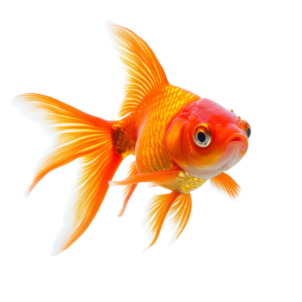 This vibrant orange goldfish glides effortlessly in a clear space, highlighting its shimmering scales and delicate fins, Orange Goldfish Isolated on transparent background png