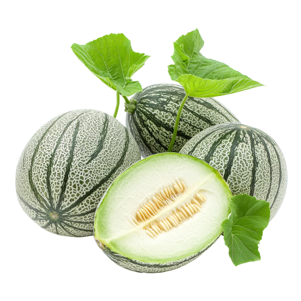 Fresh pepino melons with vibrant green leaves on a transparent background, pepino melons with leaf on transparent background png