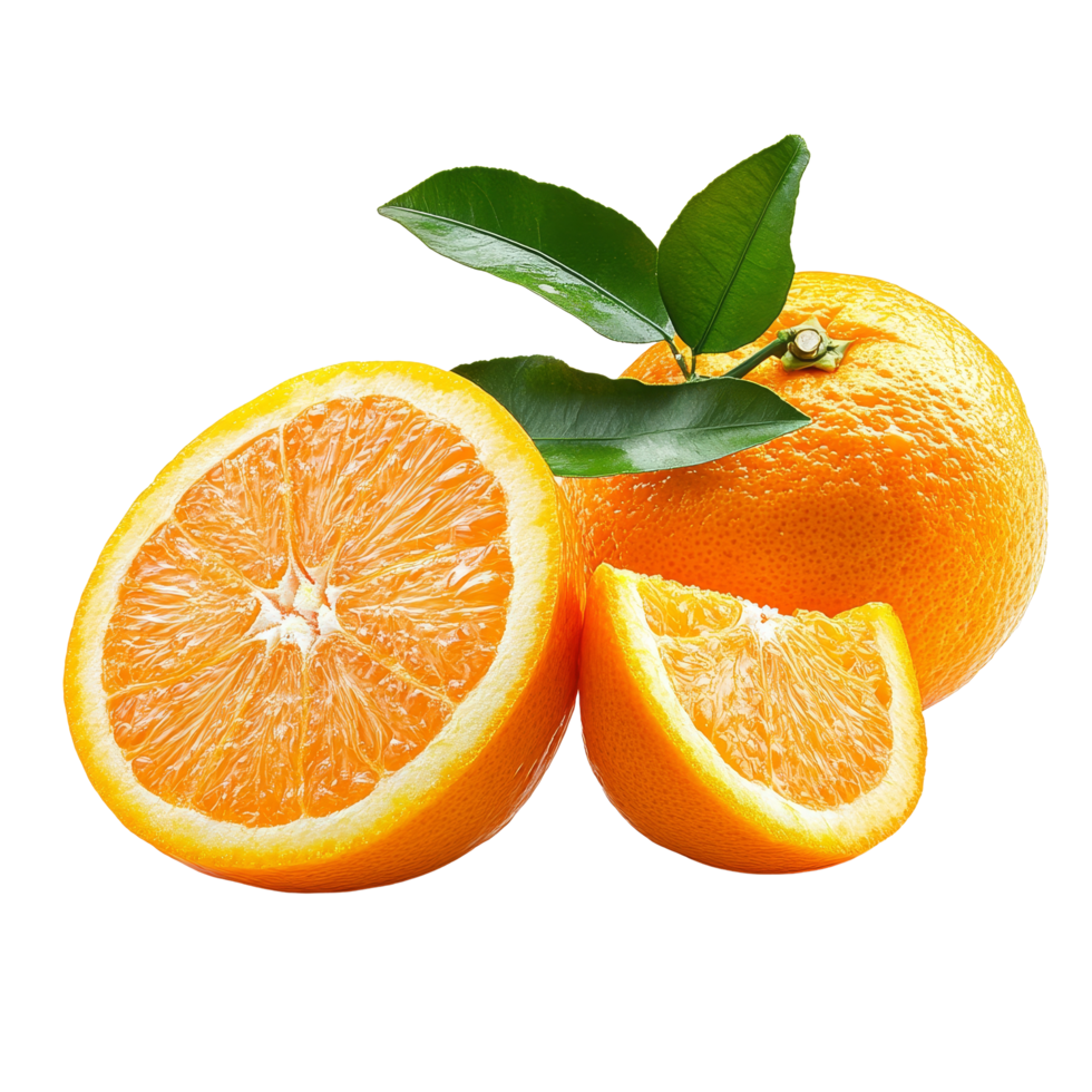 Fresh oranges with green leaves displayed on a transparent background, showcasing their vibrant color and juicy segments, oranges isolated on transparent background png