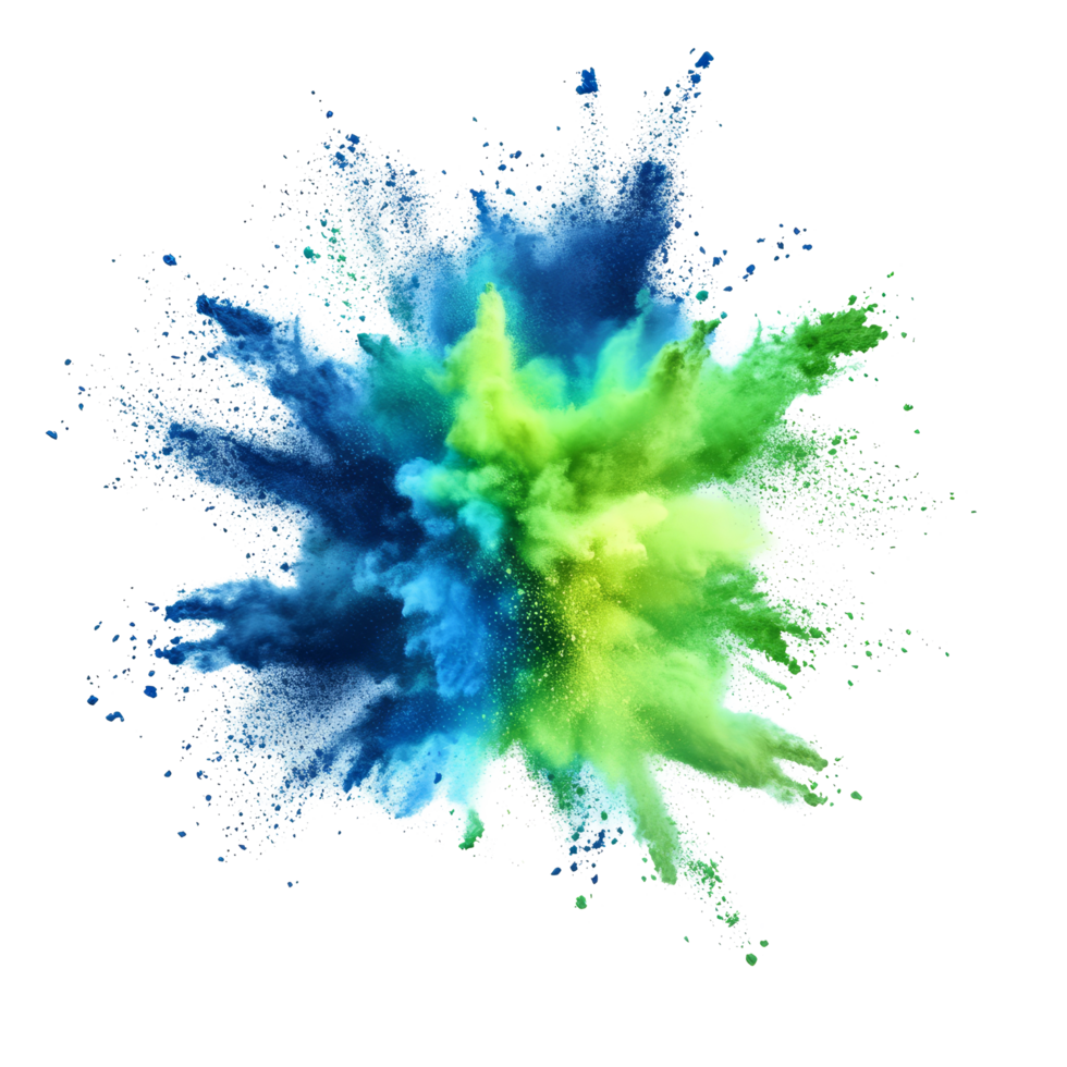 Vibrant neon green and blue powder explosion creating a colorful burst of hues in a dynamic display of energy, neon green and blue color powder pulver explosion isolated on transparent background png