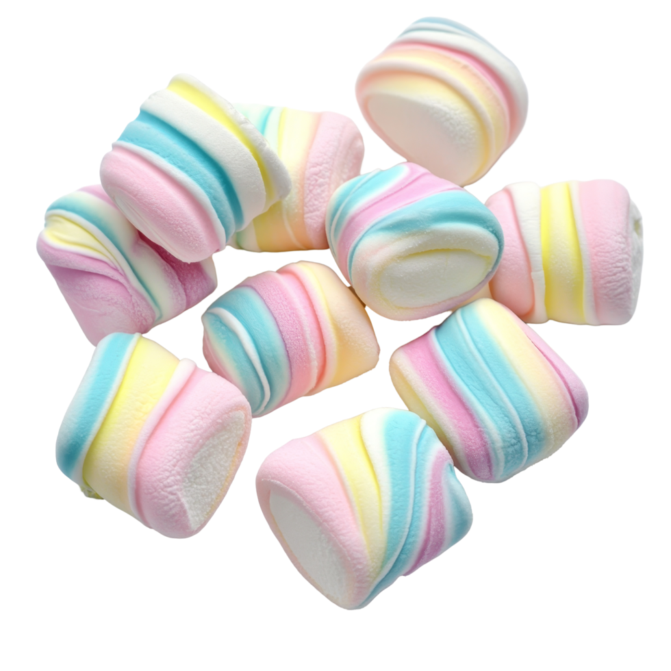 Colorful marshmallows arranged on a transparent background, perfect for snacking or decorating desserts, marshmallows candy on transparent background png