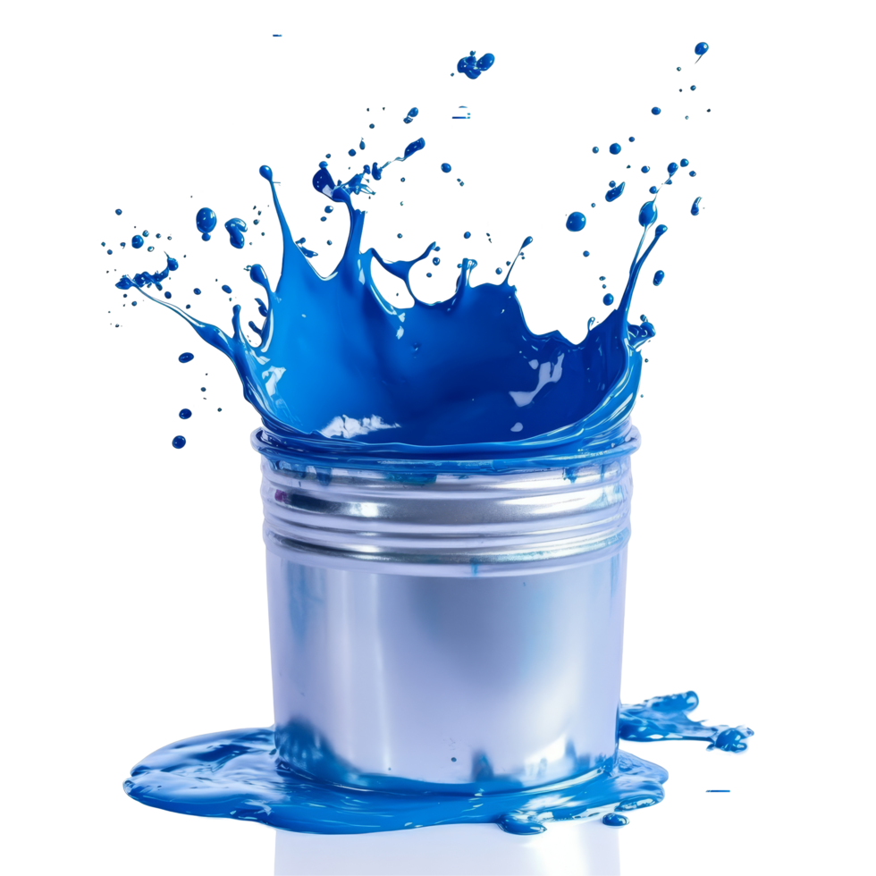 A silver paint bucket spills vibrant blue paint, creating a dynamic splash on a transparent background, blue paint splashing from silver shiny paint bucket on transparent background png